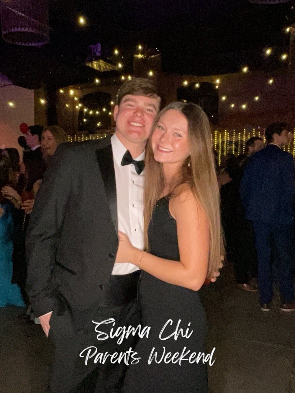 A couple in black tie under string lights with a Sigma Chi Parents Weekend script overlay on the booth photo