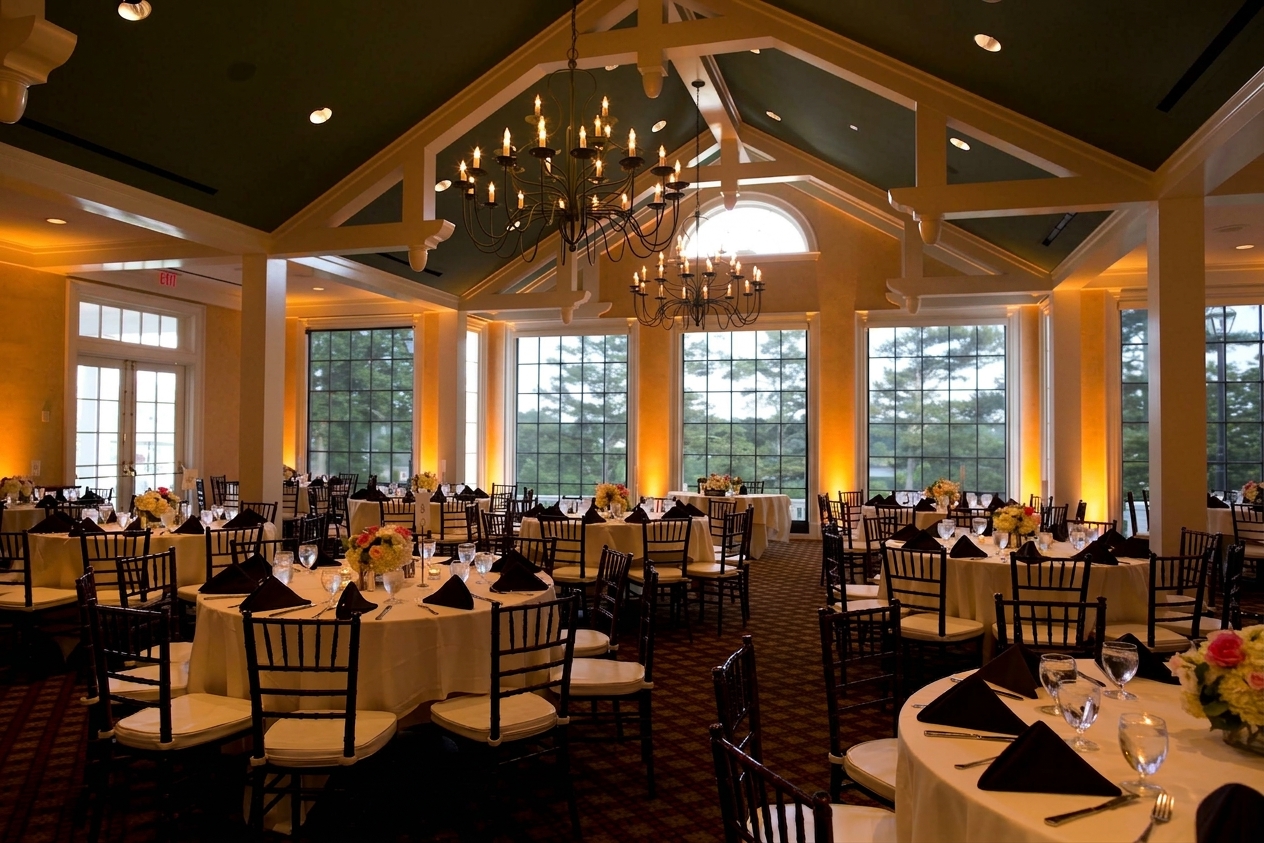 The same reception room washed in amber uplighting