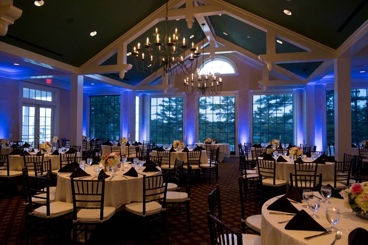 The same reception room washed in deep blue uplighting