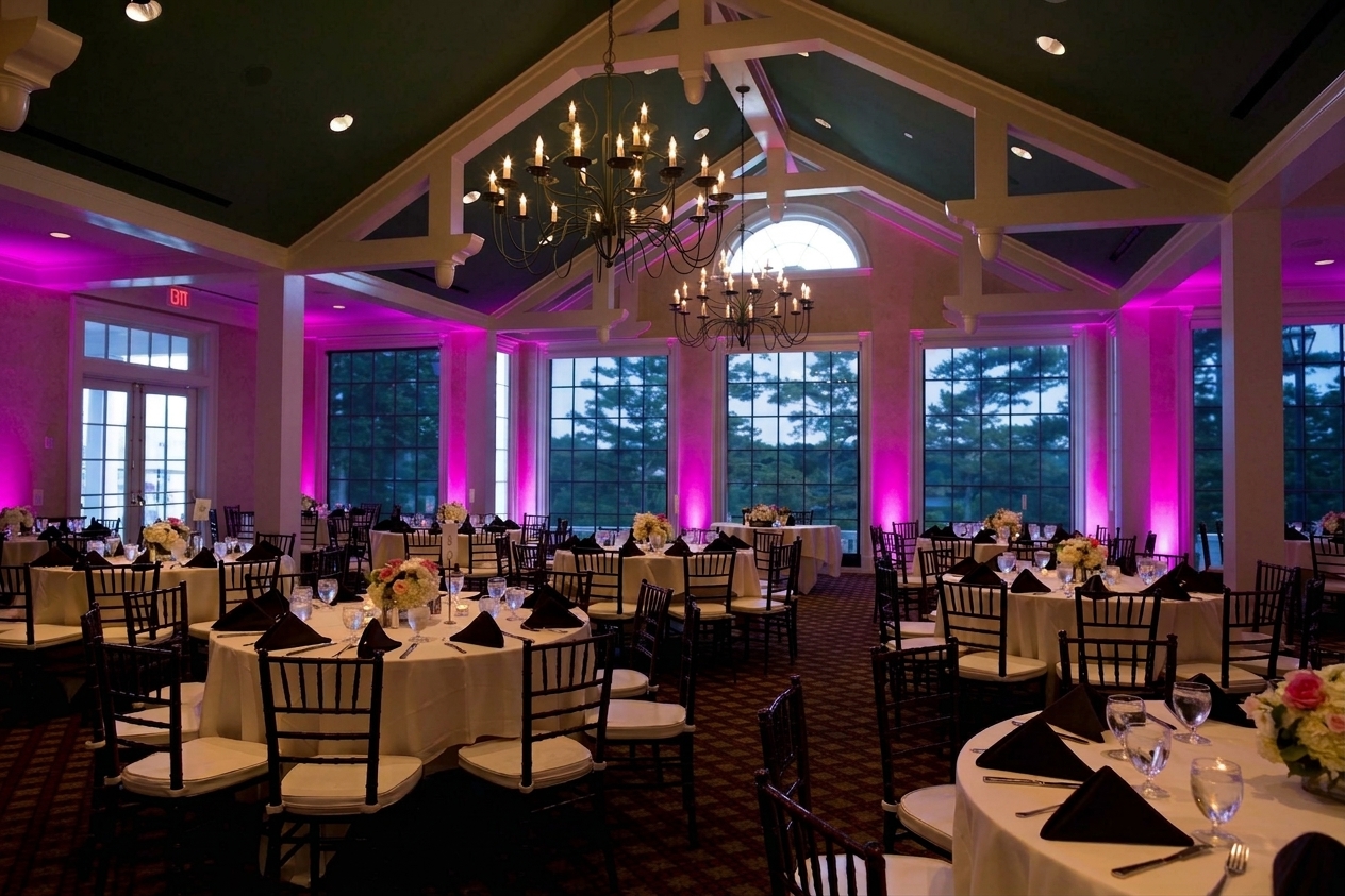 The same reception room washed in magenta uplighting