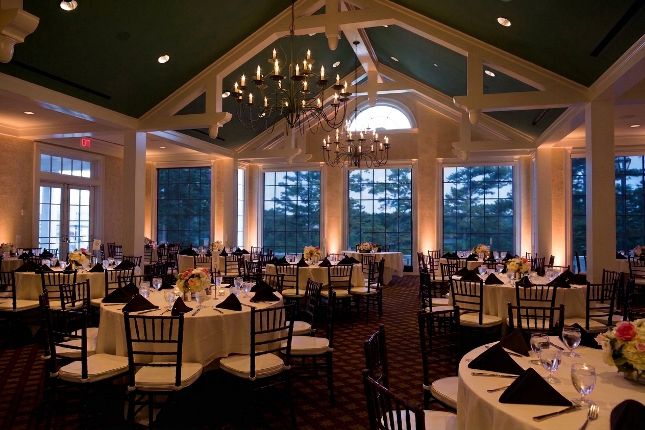 The same reception room in warm white uplighting