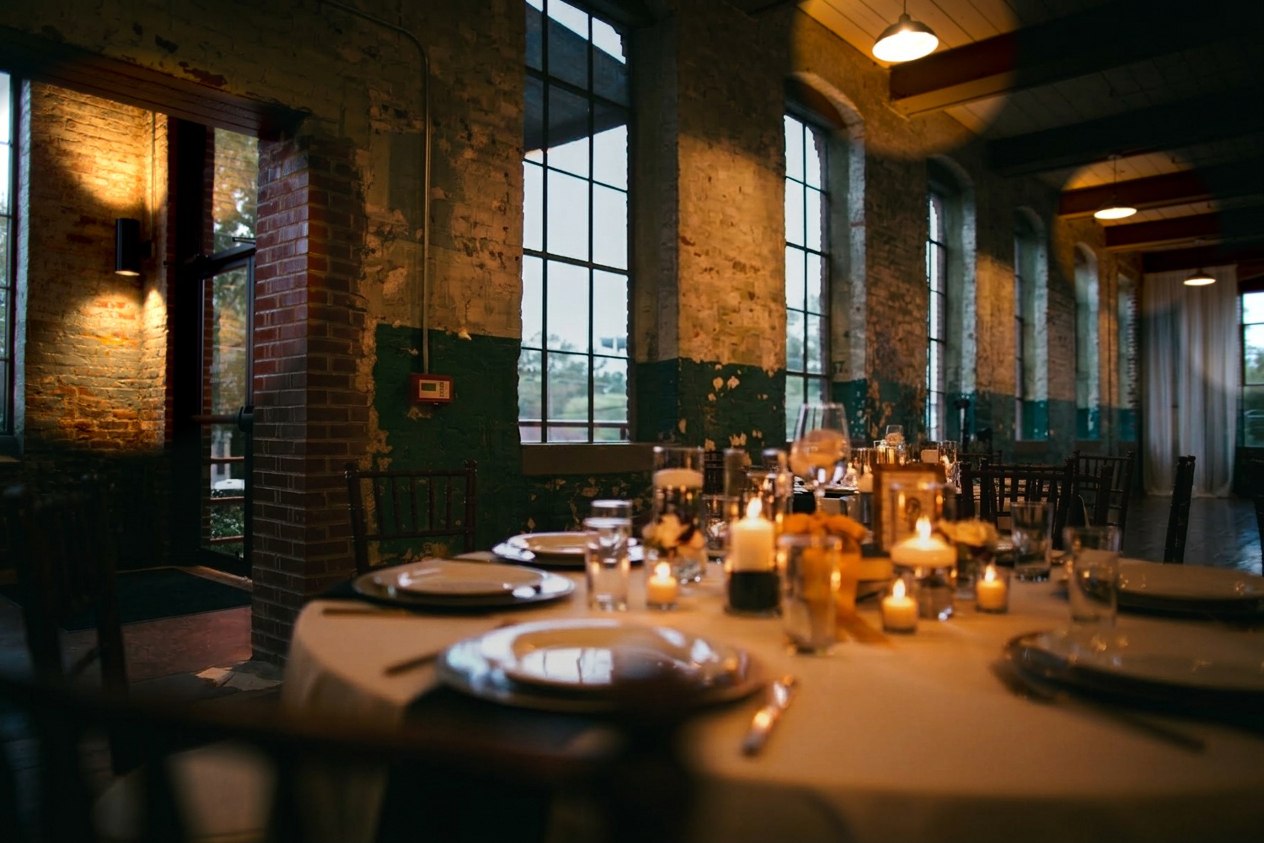 Reception room at The 62 with the uplighting off, Athens Georgia