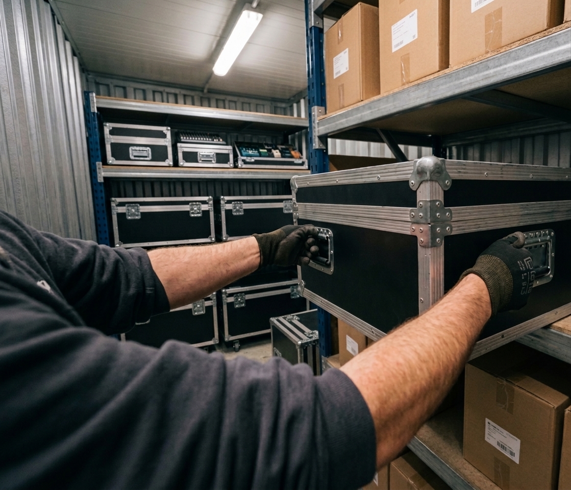Gloved hands pulling a road case off warehouse shelving